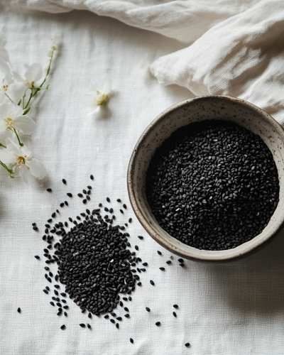 aviv8941_Black_sesame_seeds_in_a_bowl_on_a_table_with_more_sesa_d779e35c-b612-4c32-b1c8-5a6db64d036d