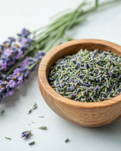 aviv8941_Dried_green_lavender_leaves_in_a_wooden_bowl_on_a_tabl_1ca84ddf-2322-4ef3-89be-5cda06feba30
